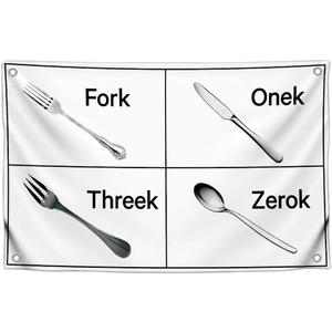 3x5 Ft Single Sided Polyester Flag with Four Brass Grommets - "Fork, Onek, Threek, Zerok" - Meme Poster for College Dorm Boys - Funny Cutlery Chart Banner Tapestry for Garden Decor Use