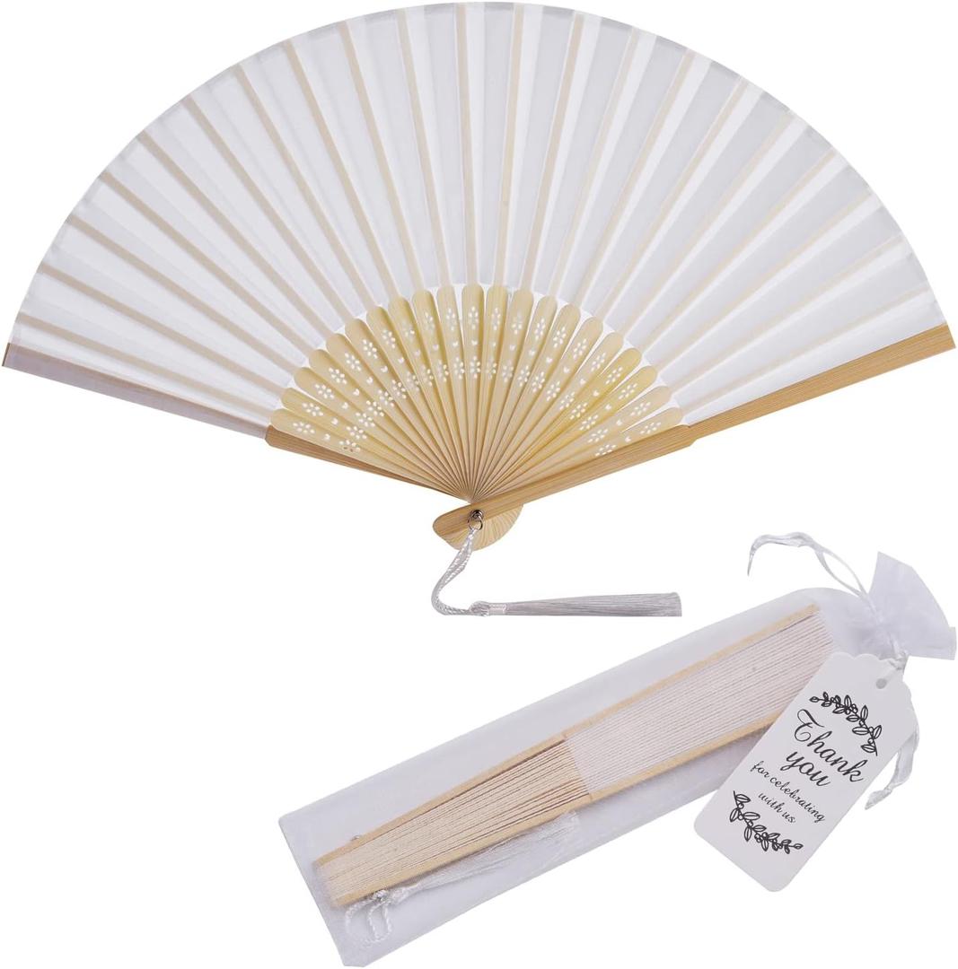 50 Sets Imitated Silk Hand Fan with Tassel and Organza Bags and Thank You Tags Fabric Handheld Folding Fans Bamboo Frame Bridal Dancing Props Wedding Party Favors (White)