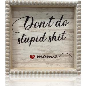 Boho Farmhouse Wooden Framed Bathroom Decor Signs, Funny Restroom Decorative Plaque Small Cute, Toilet Rules Shelf Decoration (Don't Do Stupid Shit Love Mom)