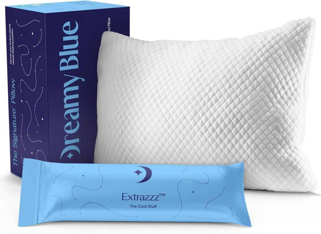 DreamyBlue Signature Pillow w/Adjustable Loft Shredded Memory Foam Fill Neutral Alignment for Side, Back, and Stomach Sleepers Washable Bamboo Rayon Cover CertiPUR-US Certified Foam (Queen)