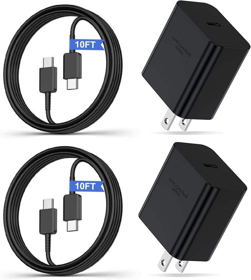 Pack of 2 45W Super Fast Charger with Type C Cable 10ft, USB C Wall Charging Block Plug and Android Phone Charger Cord Long for Samsung Galaxy S25/S24 Ultra/S24+/S23+/S22+/S22 Plus/S21/S20/Note 20/Note10+ (Single Port Charger)