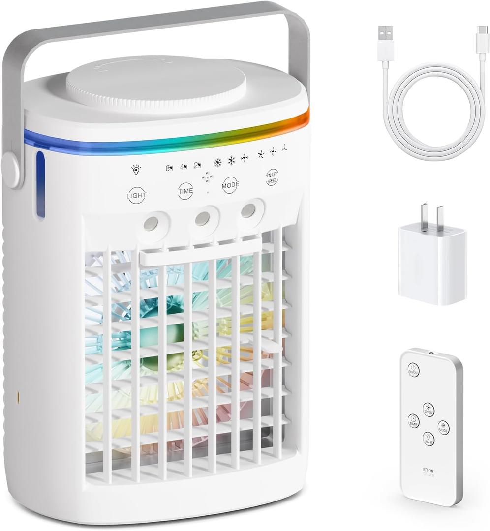 Portable Air Conditioner,Cooling Fan with 3 Speeds &3 Modes,2-8H Timer,1000ml Water Tank, Remote Control,4 in 1 Humidifier, Air Conditioner,Fan,Night Light,Evaporative Air Cooler for Home,Office
