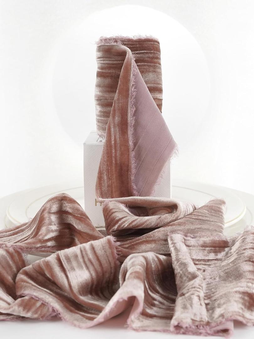 HUIHUANG Rose Gold Velvet Ribbon 3 inch Crinkled Frayed Velvet Ribbon Raw Edge Ribbon for Wreaths, Christmas Decor, Flower Bouquet, Gift Wrapping, Bows Making, Wedding Bridal Shower Decor