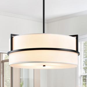 16'' Black Drum Chandelier, 3-Light Modern Chandelier with White Fabric Shade, Adjustable Height Pendant Lighting, Ceiling Light Fixture for Dining Room, Kitchen Island, Living Room, Bedroom