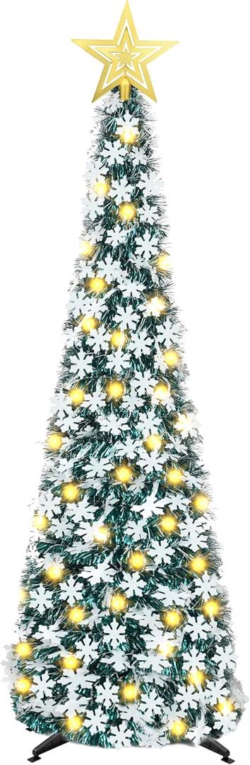 5 FT Pop Up Christmas Tinsel Tree with 50 LED Lights & Remote, Star Topper, Easy Assembly with Stand, Collapsible Prelit Christmas Pencil Tree for Xmas Home Party Decor (Dark Green)