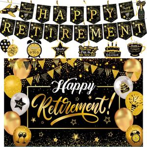 Happy Retirement Party Decorations For Men Women - Black and Gold Happy Retirement Banner, 5.9x 3.6Ft Retired Backdrop, 8 Pcs Hanging Swirls