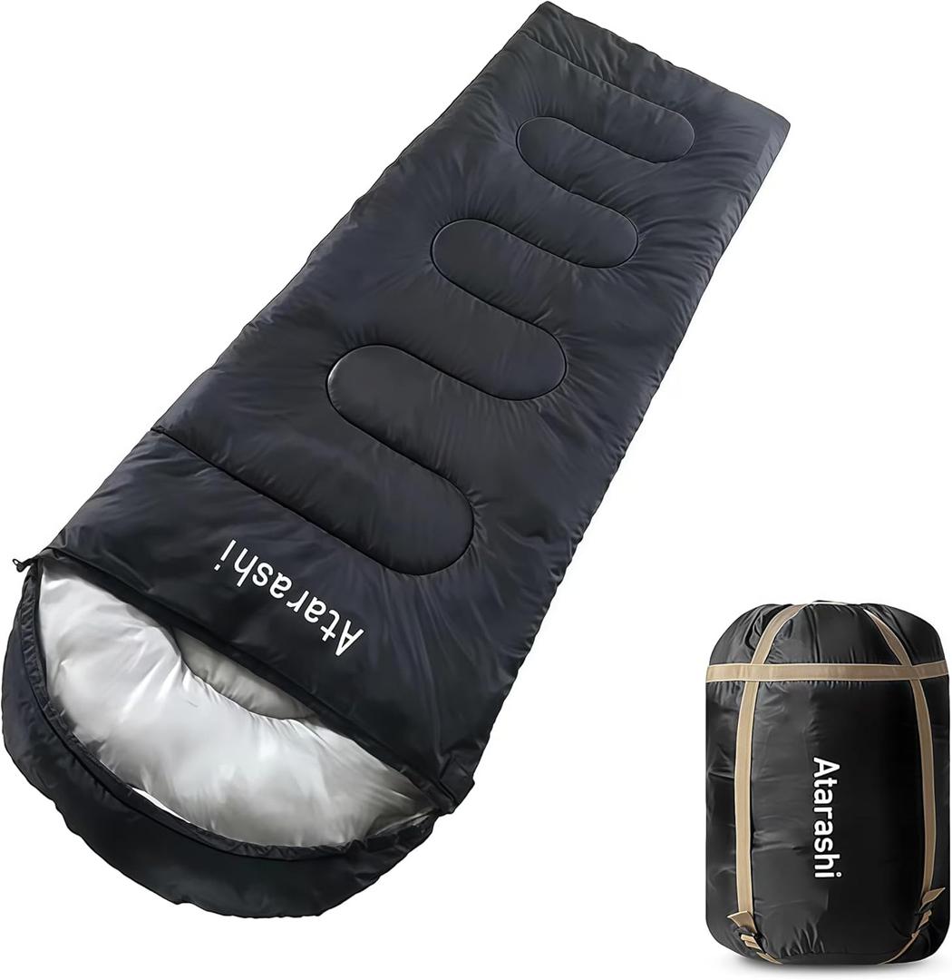 Atarashi Camping Sleeping Bag- 4 Seasons for Adults, Light, Warm, Extra-Large with Compression Sack- Great for Hiking, Backpacking & Outdoor Adventures (A1 Dark Grey/Regular(33''x87''))