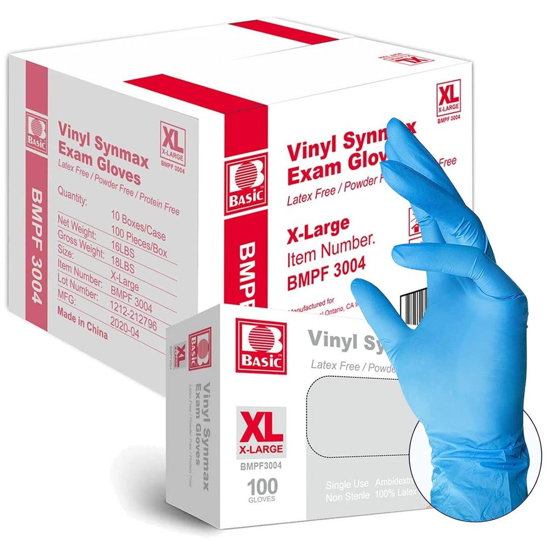 Basic Medical Synmax Vinyl Exam Gloves - Latex-Free & Powder-Free - X-Large, BMPF-3004(Case of 1,000),Blue