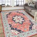 FlyDOIT Vintage Area Rugs for Living Room, 6x9 Red Blue Floral Medallion Washable Rug for Bedroom, Faux Wool Ultra Soft Retro Accent Rug, Non Slip Indoor Carpet for Kitchen Office Dining Room Decor