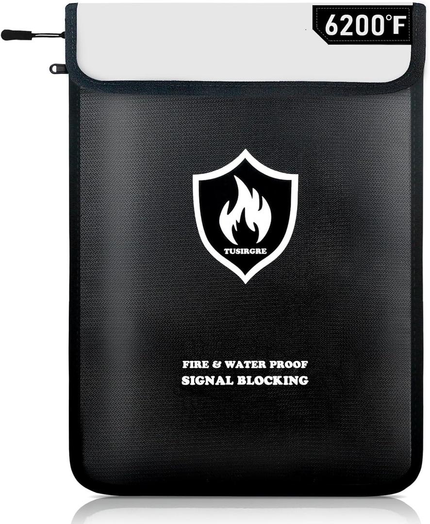 6200F Upgraded Fireproof Document Bag, 15.7" x 11.4" Faraday Bag, Water Resistant Fireproof Money Bag with Zipper, 18 Layers of Heat Insulated Materials, RFID Blocking Bag, Anti-Theft Anti-Tracking (Large, Black)