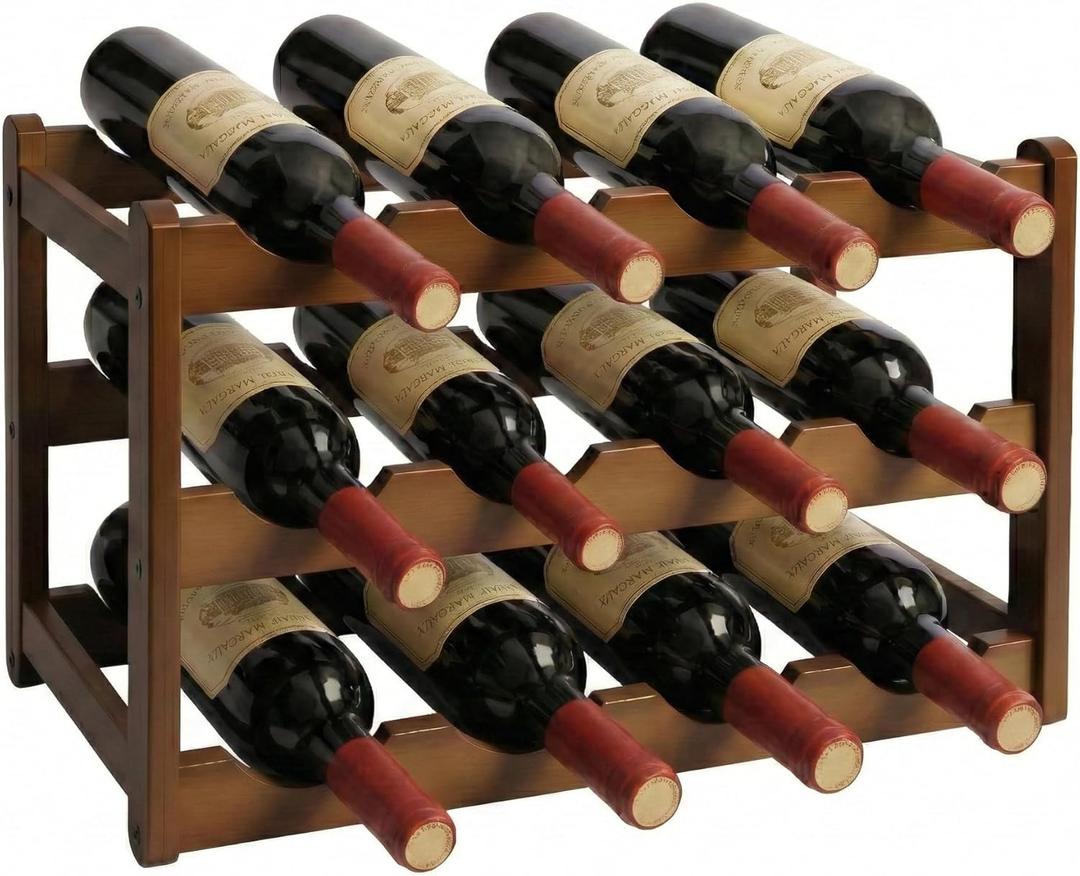 Janedream 3-Tier Bamboo Wine Rack for 12 Bottles, Easy-to-Assemble Countertop Wine Storage Shelf, Sturdy Tabletop Wine Holder for Kitchen, Inside Cabinet, Pantry, or Home Bar (3 Tier)