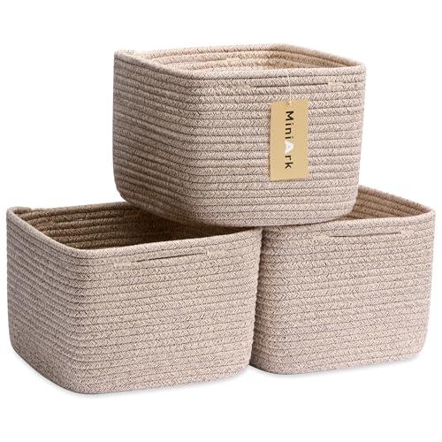 MiniArk Small Organizing Baskets for Cubes Shelf, 9.7x9.7x7.1 Inch Rope Woven Storage Bins for Nursery Shelves Storage, Cute Toy Basket, Square 3 Packs Mixed Brown