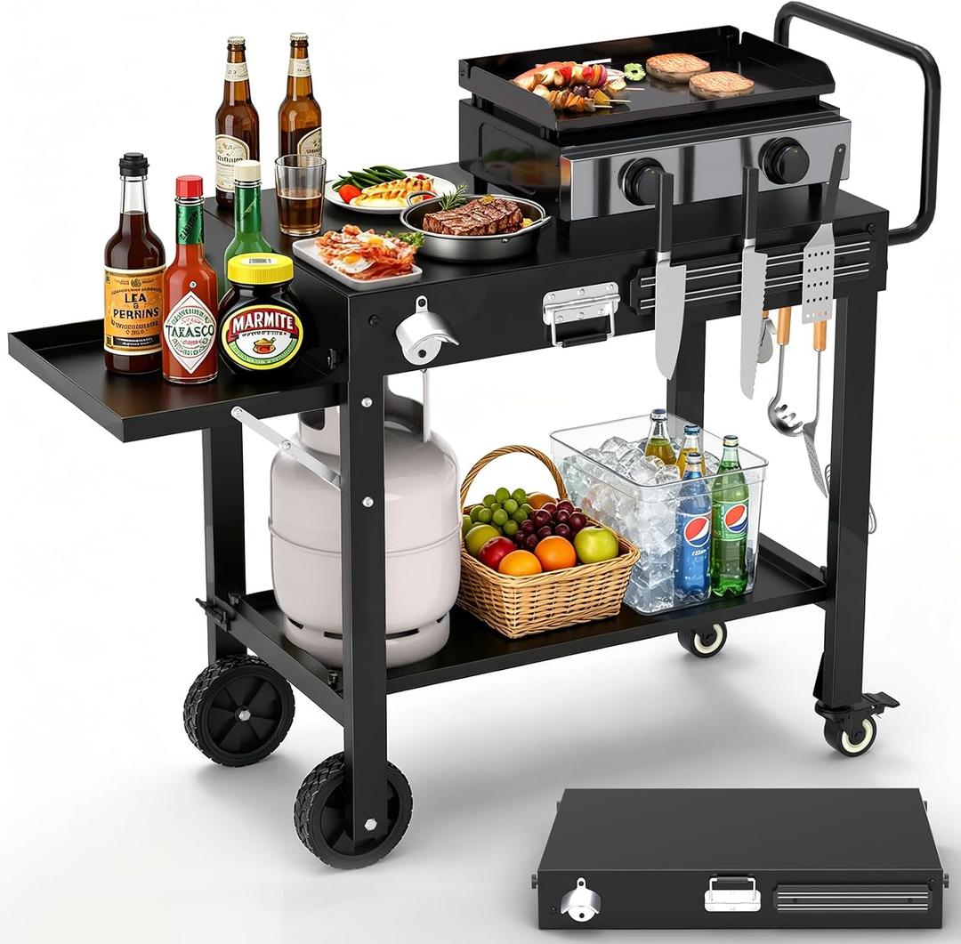 Portable Grill Table for Blackstone Griddle, Outdoor Grill Cart with Wheels, Griddle Stand Fit 17 Inch 22 Inch Ninja Griddle, Folding Table with Caddy for Outside Patio, Kitchen Cooking Prep Table