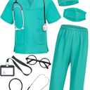 ICECUTE Doctor Costume for Kids Scrubs with Accessories,7Pcs Toddler Halloween Costume for Boy Girls, (5-6T, Green)