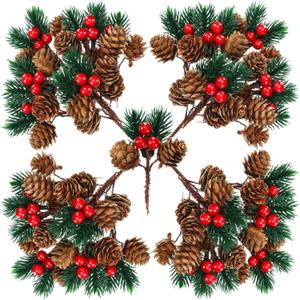 48 Pcs Christmas Picks and Sprays Christmas Tree Floral Picks Holly Red Berry Stem Spray Greenery for Craft Artificial Faux Pine Branches Cone Branches for Tree Home Decor Garland Wreath (Cute)
