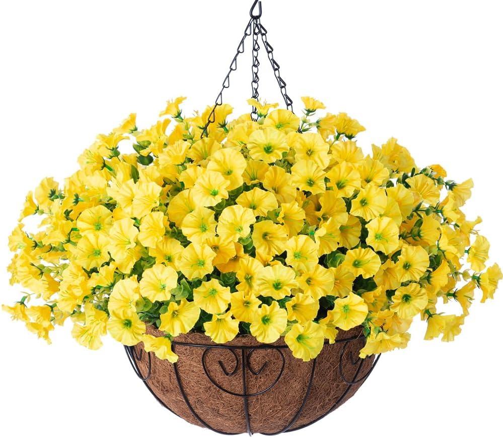 Artificial Fake Hanging Flowers Plants Baskets for Spring Outdoors Decor, Faux Silk Morning Glory in Planter UV Resistant Realistic Outside Flowers for Outdoor Porch Patio Balcony Yard Home, Yellow