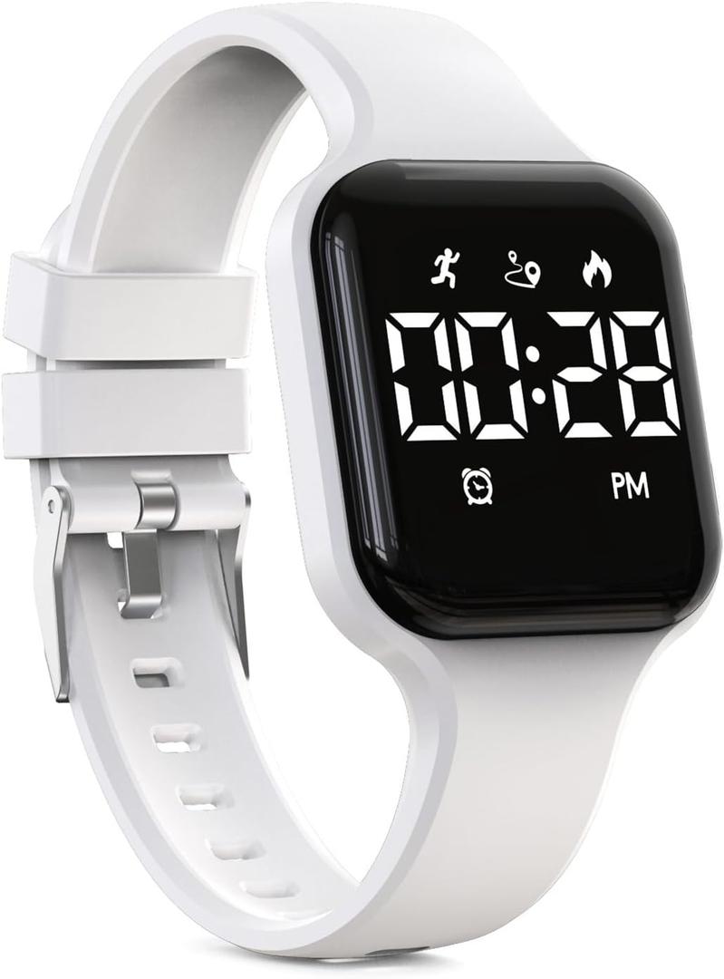 Kids Fitness Tracker,Digital Pedometer WatchSport Watch, Steps Counter, Waterproof, Alarm Clock for Boys Grils Kids Children (White)