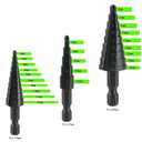 3-Piece HSS Cobalt Step Drill Bit Set, 1/8" to 7/8" Sizes, 4-Flute Design for Metal, Aluminum, Wood, Plastic, Features 1/4" Hex Shank,for 19 SAE Size Holes in Steel Aluminum Wood Plastic