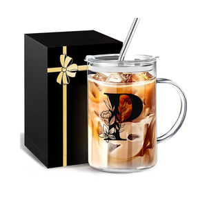 Yekidos Personalized Extra Large Glass Drinking Cup With Lid Straw Gifts for Teen Girls Cute Mug Gift For Her Iced Glass Tumbler Initial Cup Retirement Gift Must Haves For Women Apartment Essentials