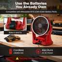 Fan for Milwaukee M18 Battery, Portable Jobsite Camping Fan with Infinite Speed Control, 3-Level Ring Light, USB-C and USB Charging, Hook, Handle, 180° Tilt for Outdoor Use, Battery Not Included