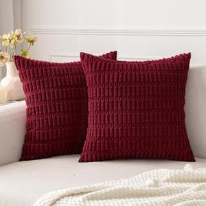 MIULEE Pack of 2 Burgundy Corduroy Decorative Pillow Covers 18x18 Inch Soft Boho Striped Throw Pillow Covers Modern Farmhouse Home Decor for Sofa Living Room Couch Bed
