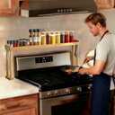 MAVOTER Over The Stove Top Shelf for Kitchen Bamboo Spice Rack Organizer for Back of Stove with Protective Lips & 6 Hooks,Easy Installation 33.5 * 4.5 * 13.4