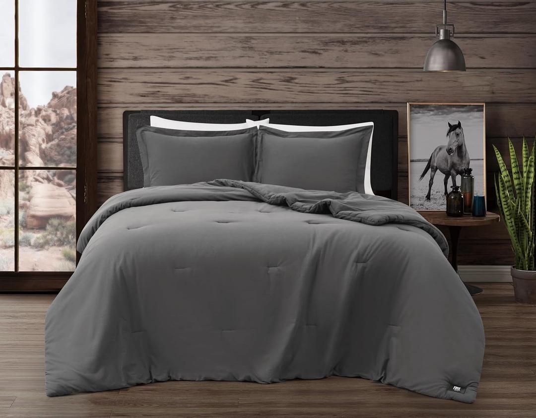 Frye Vintage Washed 100% Cotton 3-Piece Full/Queen Comforter Set in Grey, Solid Color, Oeko-TEX Certified