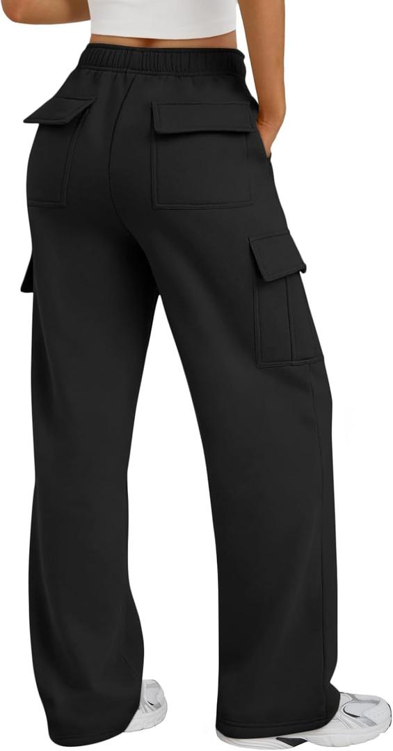 Trendy Queen Women's Cargo Sweatpants, Wide Leg Workwear Pants with Pockets & Elastic Waist, Casual Joggers for Travel (Medium, Black)