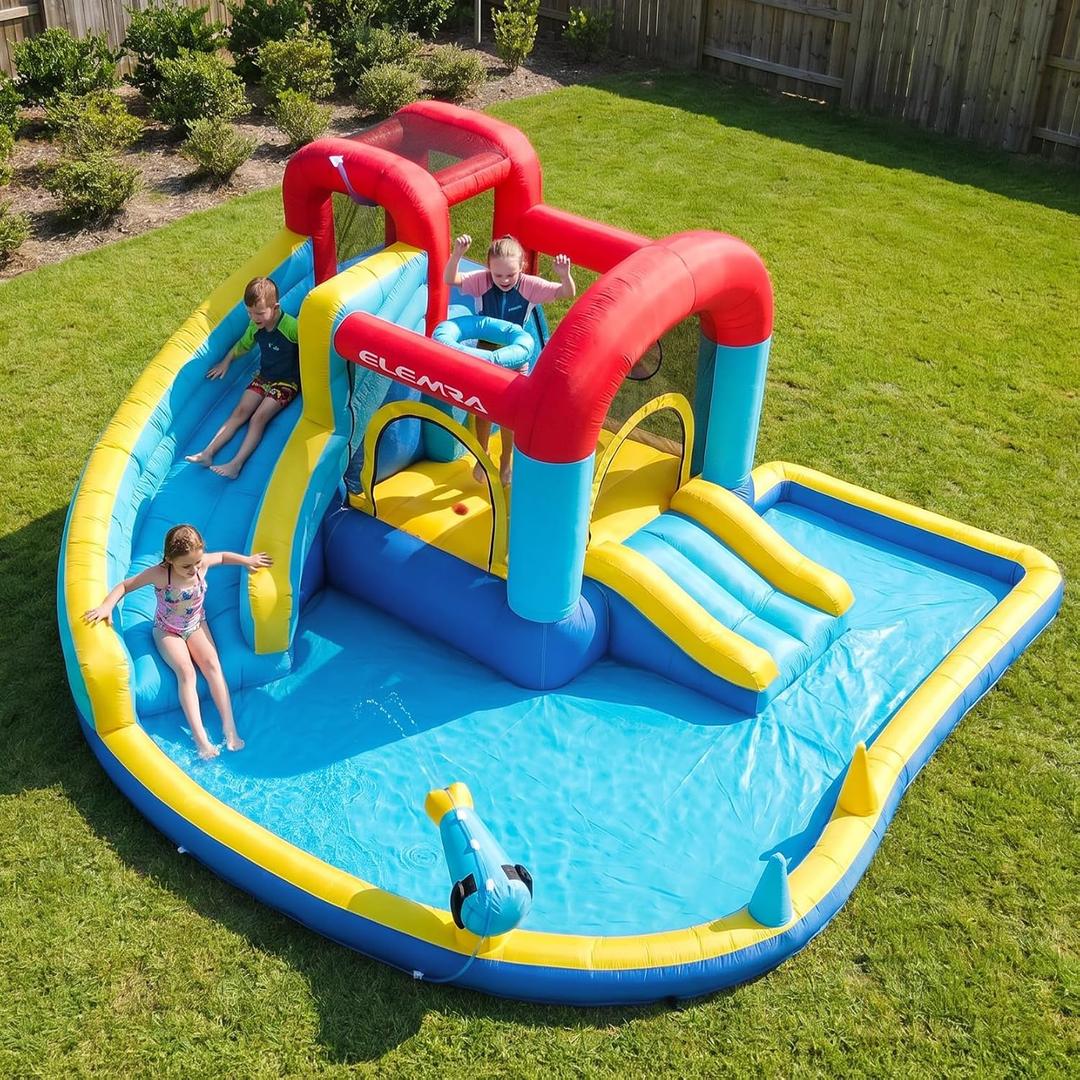 ELEMARA 9 in 1 Inflatable Water Slides, Inflatable Bounce House with Blower & 2 Slides Climbing Walls & 2 Water Guns, DeepSplash Pool, Water Slides for Kids Backyard for 6,108.3 * 106.3 * 56.3 in