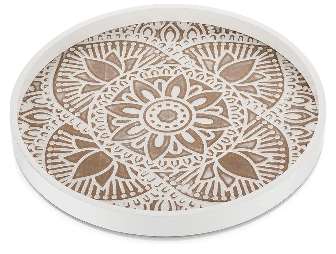 Hanobe Decorative Serving Tray Round: Farmhouse Coffee Table Decor Boho White Mandala Trays for Living Room Kitchen Bathroom Display