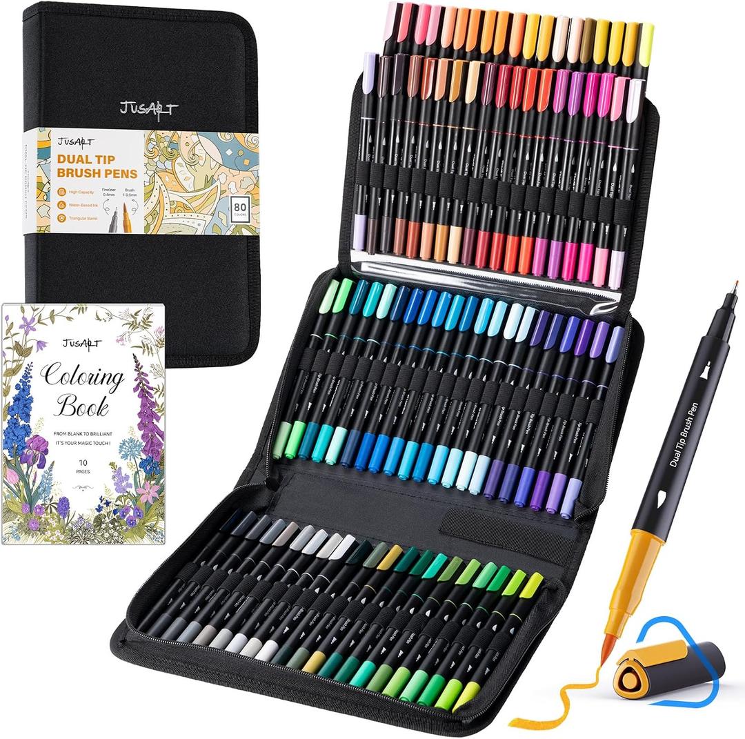 JusArt Markers for Adult Coloring Books No Bleeding, 80 Colors Coloring Markers with Dual Tips, Fine & Brush Pens with Ergonomic Triangle Grip & 33% More Ink, Water-Based Art Drawing Set for Adults