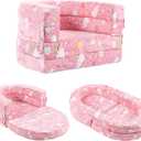 Tiita 3-in-1 Kids Sofa Bed, Comfy Couch Plush Toddler Chair Bed, Convertible Toddler Travel Beds, Folding Kids Couch with Washable Cover Carrying Handle for Girls and Boys (Pink Rainbow-1)