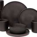 OTAGO 16-Piece Dinnerware Set for 4 with Mugs, Ribbed Stoneware Plates and Bowls Sets, Unique Handcrafted Reactive Glaze, Chip and Scratch Resistant Dish Set, Microwave & Dishwasher Safe, Black