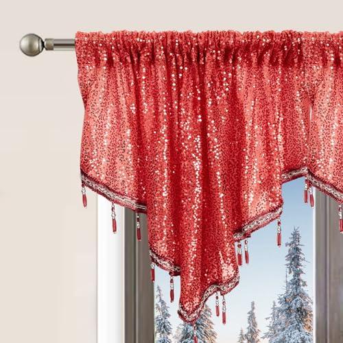 WUBODTI Christmas Red Curtain Valances for Windows 1PC, Boho Glitter Triangle Sequin Beaded Tassels Kitchen Window Valances Holiday Decor Swag Curtain for Living Room Bathroom, W51 x L22