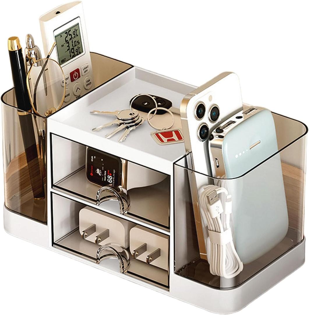 Desk Organizer with Pen Holder and 2 Drawers, Office Organizer, Desktop Organizer for Desk, Office, School, Home (White)