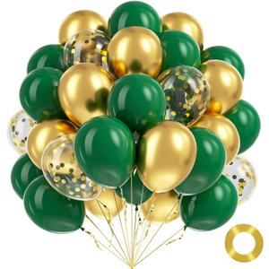 BAUANOOY Green and Gold Balloons, 60pcs 12 Inch Metallic Chrome Gold Dark Green Balloon Latex Balloons for Wedding Graduation Jungle Birthday Party Decorations
