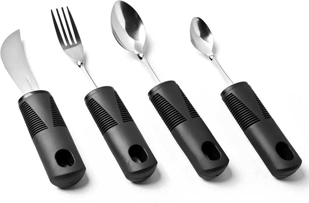 Adaptive Eating Utensils for Parkinson's, Arthritis & Weak Grip, 4-Piece Set with Curved Handle for Better Control, Non-Slip Soft Plastic Handles, Ideal for Elderly and Disabled
