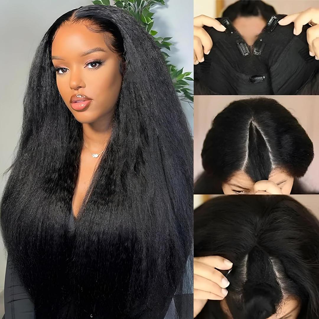 V Part Wig Human Hair Kinky Straight Vpart Human Hair Wig 16 Inch Upgrade U Part Wig Yaki Straight Clip in Half Wigs for Black Women Glueless No Leave Out 180% Density Natural Color