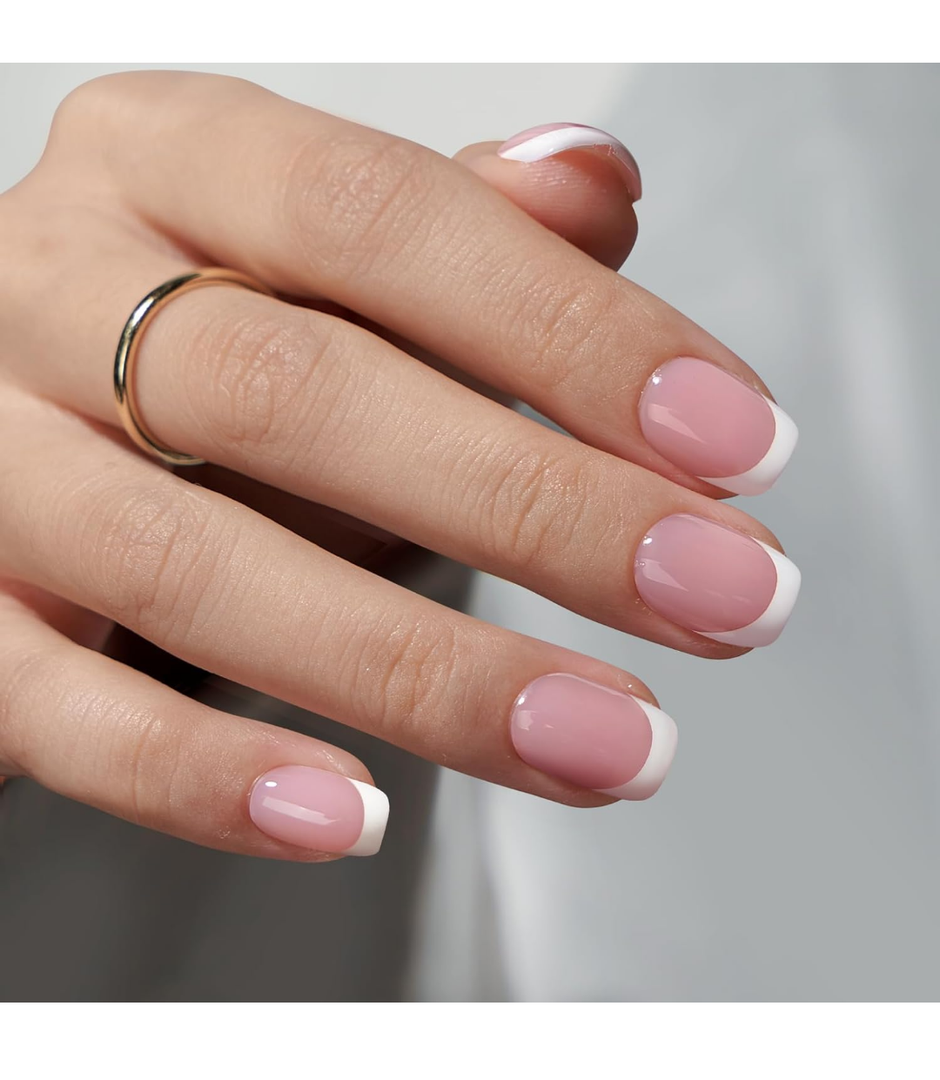 BTArtbox Press On Nails Short - Square French Tip Press On Nails, Fake Nail with Nail Glue, Natural Reusable Stick On Nails in 15 Sizes - 30 Fake Nails Kit, Silken Halo