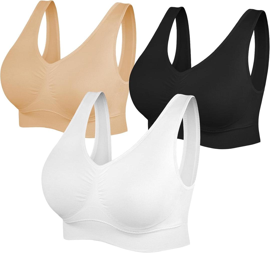 Womens Sports Bras, Yoga Comfort Seamless Workout Fitness with Removable Pads Wireless Stretchy Sports Bra for Women 3 Pack(Black+White+Nude, Large)