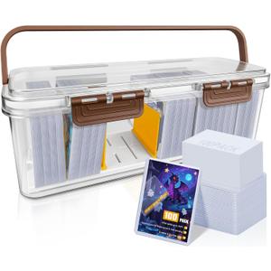 Toploader Storage Box with Card Sleeves(100 Toploaders + 100 Penny Sleeves), Trading Card Storage Box with 7 Dividers, Hard Plastic Card Storage Box, Large for 165+ Toploaders 600+ Cards