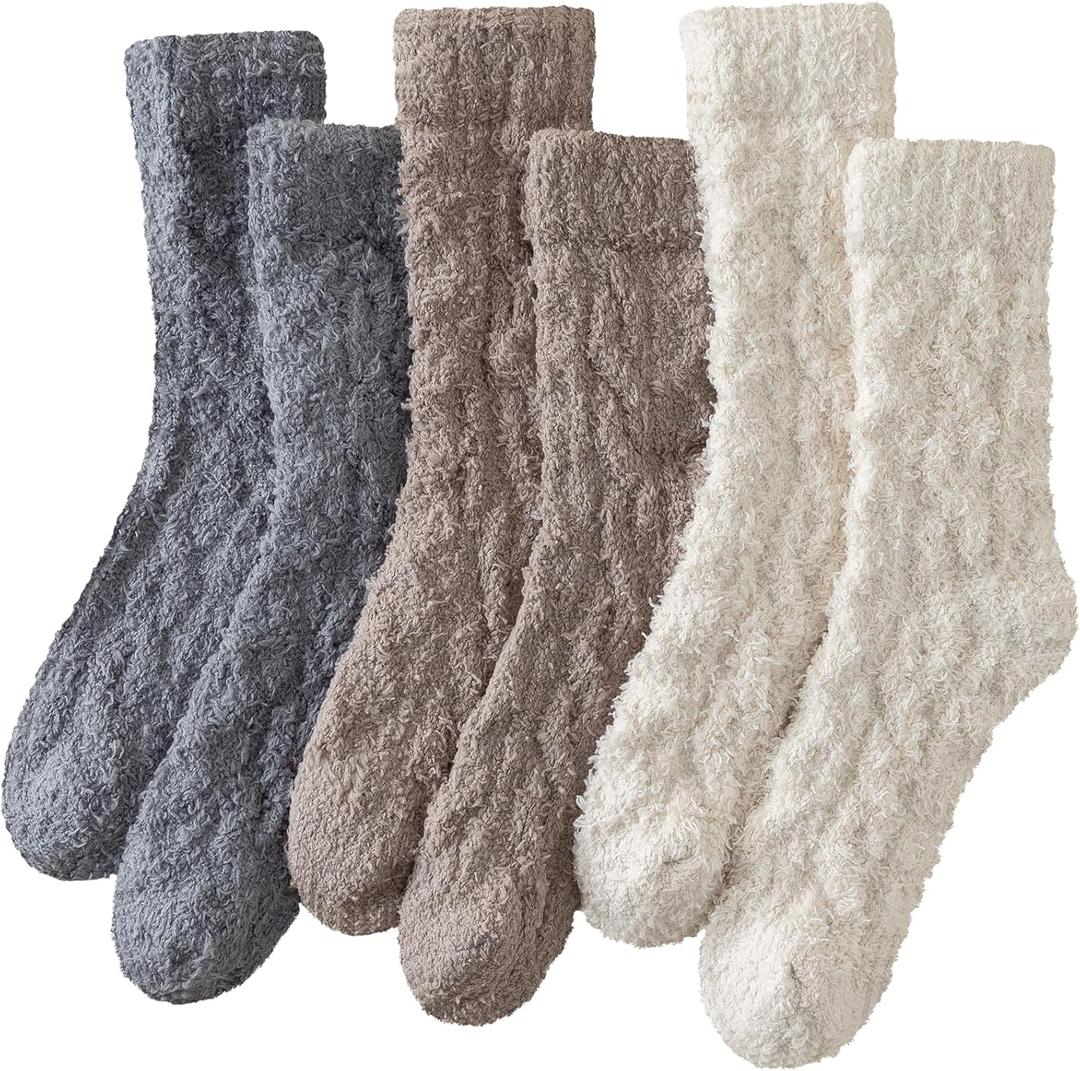 Premillow Womens Fuzzy Socks Fluffy Socks Women Winter Cozy Sock Warm Slipper Home Sleeping Sock for Women (3 Pairs Camel & dark Grey& Light Brown)