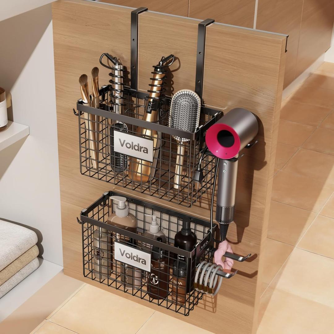 Voldra 2 Pack Hair Dryer Holder Cabinet Door, Adhesive Hair Tool Organizer Wall Mount Adjustable Height Blow Dryer Holder Under Sink for Flat Curling Iron, Hair Straightener Brush(Black)