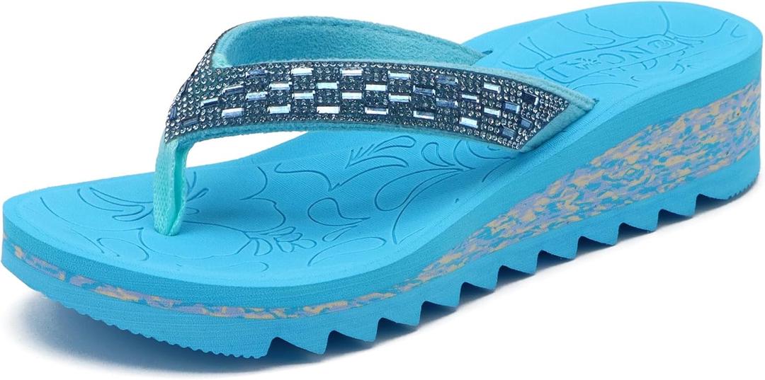 ONCAI Women's Wedge Flip Flops with RhinestoneRecovery Dressy Walking Sandals for Women with Comfortable Arch Support Cushion Yoga Mat Summer Rubber Soles(US Size 5-11) (Blue)