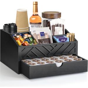 Coffee Bar Organizer with Drawer, Coffee Station Organizer for Countertop, Wood Coffee Bar Accessories Organizer for Coffee Bar Decor, Farmhouse Cup Pod Holder Condiment Organizer(Black)