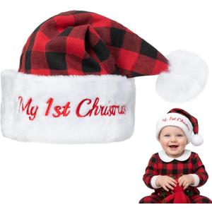 WATINC Christmas Santa Hat for Baby - My First Christmas Hats for Newborn Kids, Xmas Classic Black Red Buffalo Plaid Plush Claus Cap for Winter Holiday Unisex Girls Boys Toddler Party Supplies