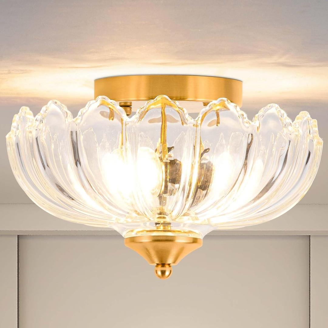Ceiling Light, Vintage Light Fixtures Transparent Glass Shade 10 Inch Semi Flush Mount Ceiling Light Hallway Vintage Lights Fixture Ceiling for Living Room, Bedroom, Dining Room, Scindapsus Transparent