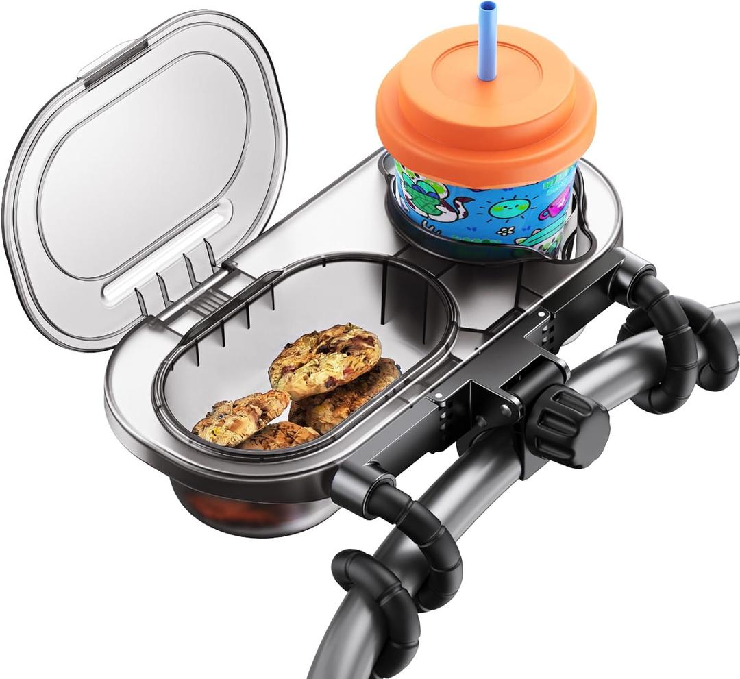 Universal Stroller Snack Tray: Cup Holder Tray with Silicone Flexible Arms Grip Stroller Tray with Dust Cover - Stroller Tray Attachment with Cups Holder for Baby & Toddler Stroller Accessories (gray)
