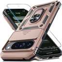 Janmitta Case Compatible with Google Pixel 10 Pro XL Built in Slide Camera Lens Cover+Screen Protector+Finger Ring Holder Kickstand,Heavy Duty Shockproof Full Body Protective Phone Cover,Rose Gold