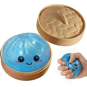 Dumpling Squishies Toy, Giant Glitter Dumpling, Colorful Steamed Bun Stress Balls Fidget Sensory Toy,Jumbo Squishy Toy with Steamer Box,Soft Squeeze Decompression Dough (Glitter Blue)